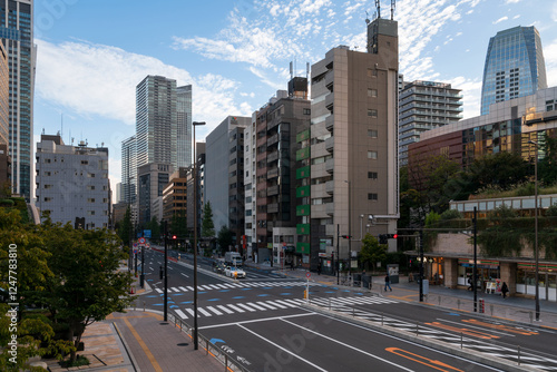 View of the Toranomon business district, in the ward of Minato and the street Sakurada-dori Ave on a sunny autumn day, Tokyo, Japan photo