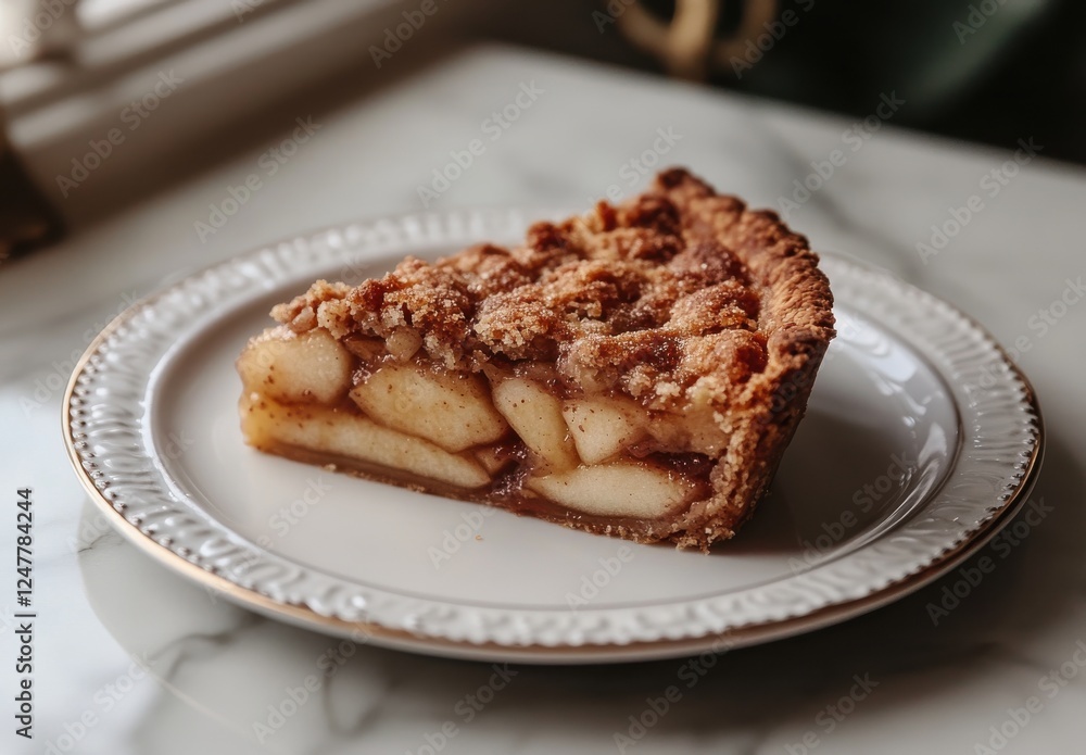 Delicious slice of homemade apple pie with crumbly topping on a decorative plate, showcasing warm baked apples and inviting crust details Delicious slice of homemade apple pie with crumbly topping on a decorative plate, showcasing warm baked apples and inviting crust details