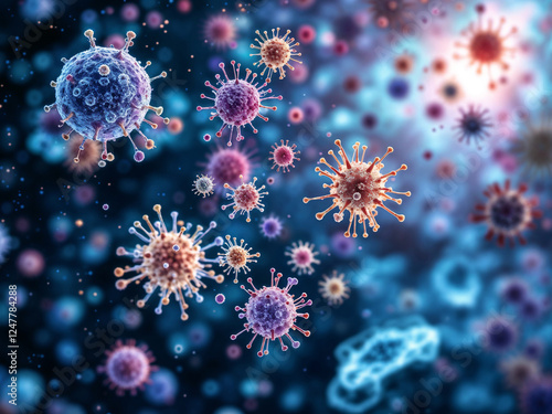 Viruses floating amidst a blue and purple abstract backdrop represent infection spread and cellular impact