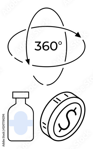 360-degree arrows encircle the text, with a medicine bottle and dollar coin below. Ideal for healthcare costs, pharmaceutical analysis, financial systems, economy, business insights, pricing