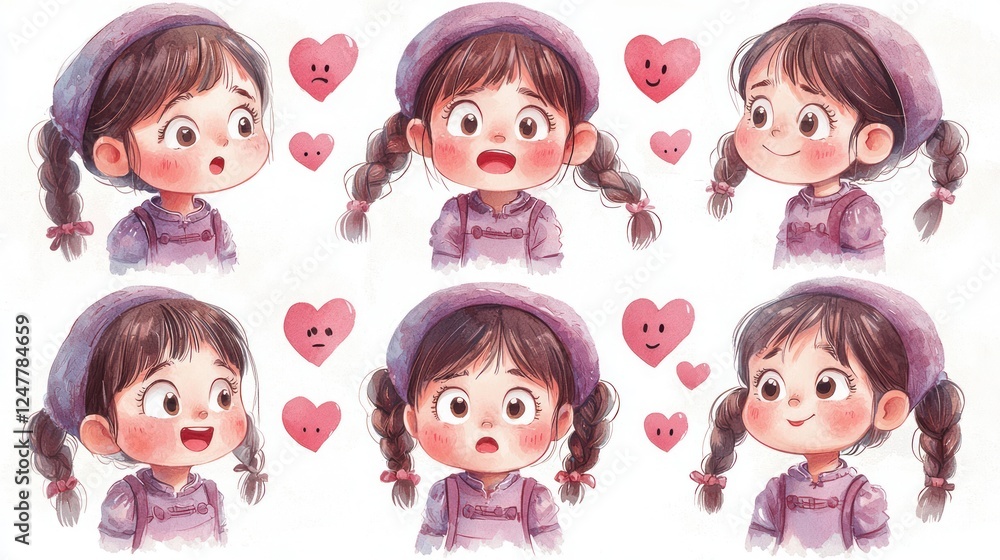 Expressive Girl Illustrations with Heart Emojis and Various Emotions Expressive Girl Illustrations with Heart Emojis and Various Emotions