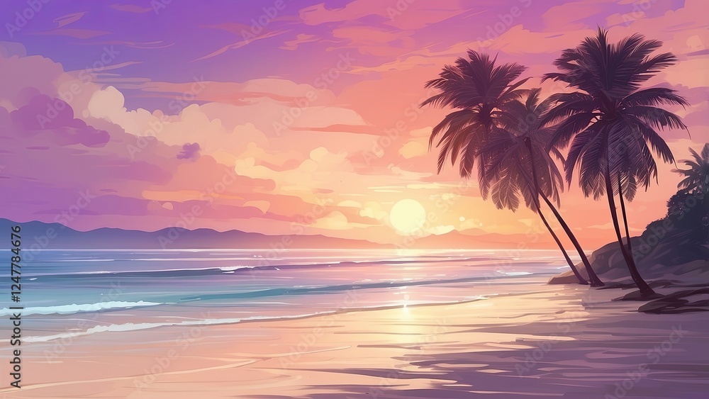 A serene beach scene with white sand, gentle waves A serene beach scene with white sand, gentle waves