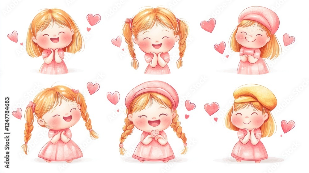 Cute Cartoon Girls with Braids and Hats, Expressing Joy and Love Cute Cartoon Girls with Braids and Hats, Expressing Joy and Love