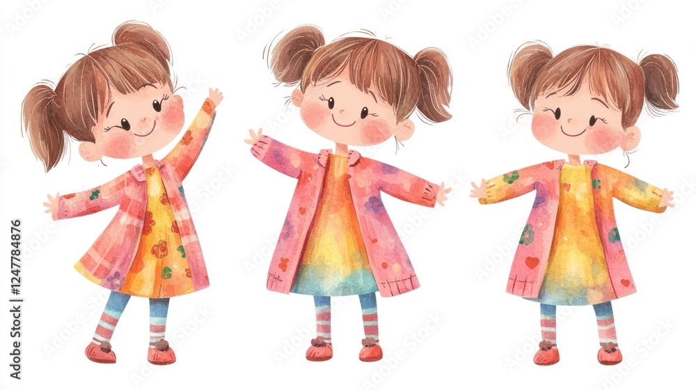 Cheerful Girl Illustrations in Colorful Outfits with Joyful Expressions Cheerful Girl Illustrations in Colorful Outfits with Joyful Expressions
