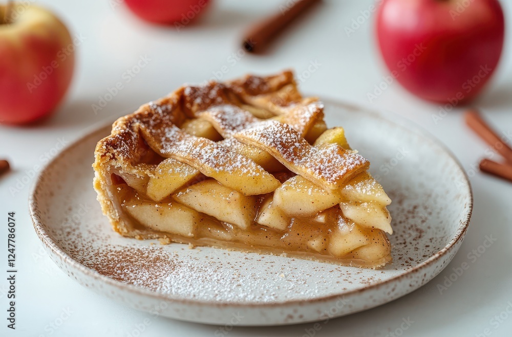 Deliciously Baked Apple Pie Slice on Plate Surrounded by Fresh Apples and Cinnamon Sticks, Perfect for Autumn and Holiday Celebrations Deliciously Baked Apple Pie Slice on Plate Surrounded by Fresh Apples and Cinnamon Sticks, Perfect for Autumn and Holiday Celebrations