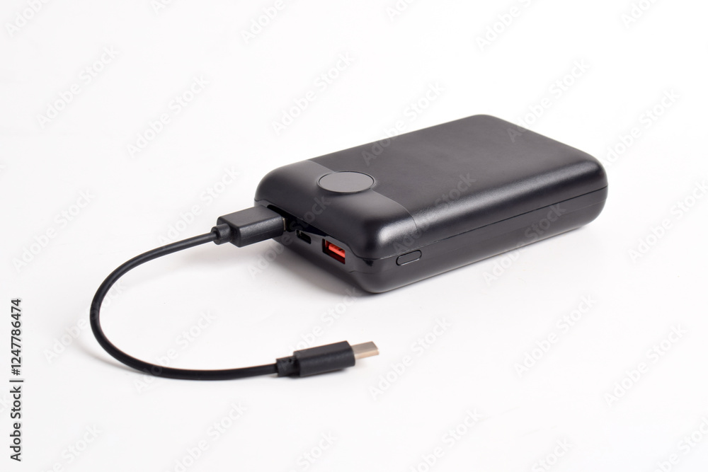 Fully charged portable power bank with cable isolated on white background. External battery for mobile devices Fully charged portable power bank with cable isolated on white background. External battery for mobile devices