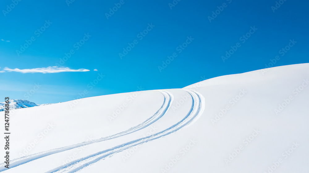 Serene winter landscape with two sets of tracks winding across a snow-covered hill under a vibrant blue sky. Serene winter landscape with two sets of tracks winding across a snow-covered hill under a vibrant blue sky.