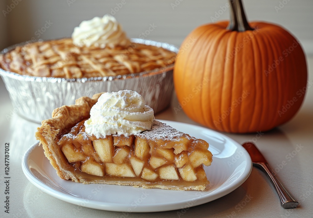 Deliciously Baked Apple Pie Slice with Whipped Cream and Pumpkin Decoration in Background Ideal for Fall and Thanksgiving Celebrations Deliciously Baked Apple Pie Slice with Whipped Cream and Pumpkin Decoration in Background Ideal for Fall and Thanksgiving Celebrations