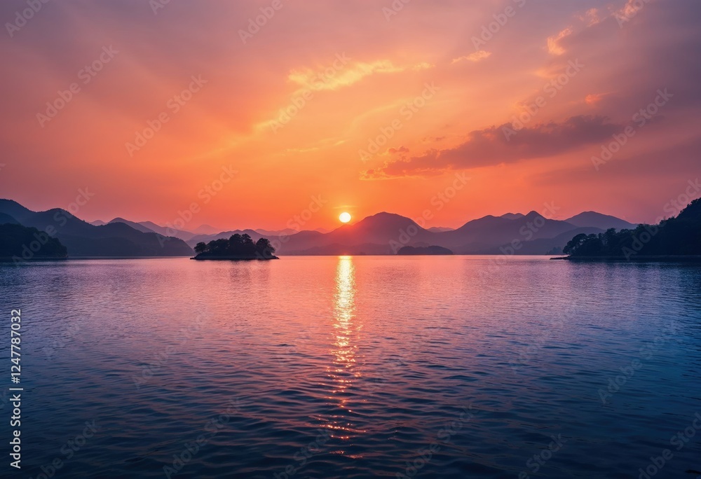 bright mesmerizing sun setting over the west lake,hangzhou,china bright mesmerizing sun setting over the west lake,hangzhou,china
