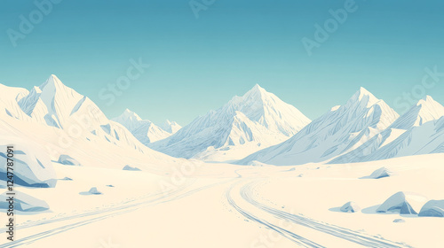 Serene winter landscape: snow-covered mountains and a winding path across a pristine, snow-covered valley.