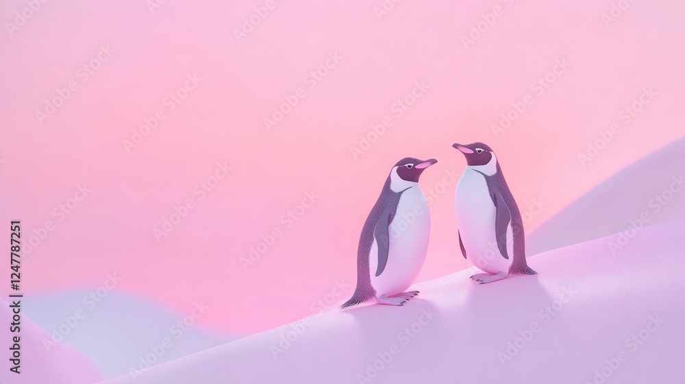 Fototapeta premium two penguins on pink snow