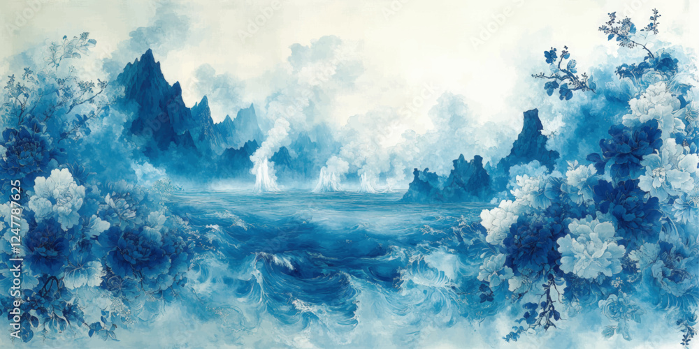 Fototapeta premium Stunning Blue Watercolor Landscape Vector Art with Mountains and Flowers - Romantic Nature Scene Art Print for Home Decor and Creative Projects