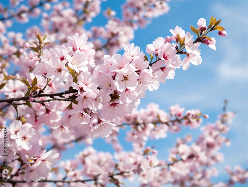 Pink Cherry Blossom Branch Against Blue Sky Pink Cherry Blossom Branch Against Blue Sky