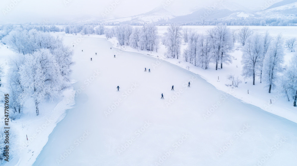 Winter wonderland! Several people enjoy cross-country skiing on a frozen river, surrounded by snow-covered trees. A breathtaking serene scene. Winter wonderland! Several people enjoy cross-country skiing on a frozen river, surrounded by snow-covered trees. A breathtaking serene scene.