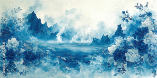 Stunning Blue Watercolor Landscape Vector Art with Mountains and Flowers - Romantic Nature Scene Art Print for Home Decor and Creative Projects