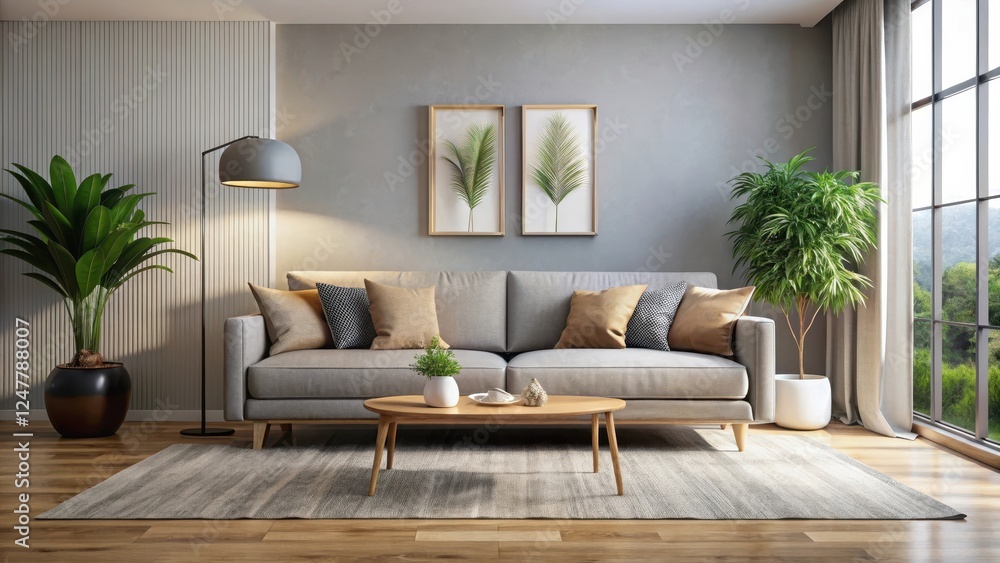 Fototapeta premium A modern living room with a stylish sofa in the center of the room, style, ambiance, style, ambiance