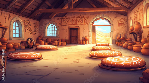 Rustic Pottery Workshop Interior Vector with Clay Jars and Traditional Ceramics in Sunlit Desert Setting | Handcrafted Artifacts and Architecture