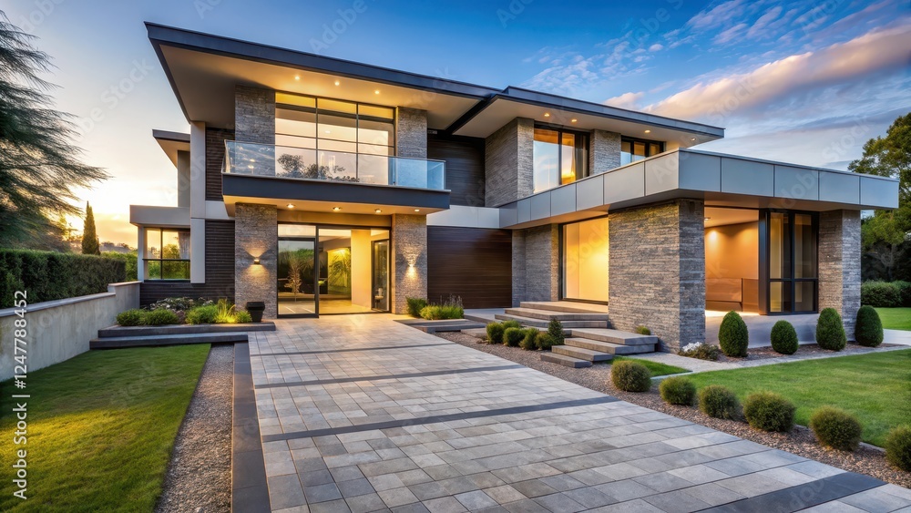 Large Modern House with Stone Walkway Leading to Entrance, modern large house Large Modern House with Stone Walkway Leading to Entrance, modern large house