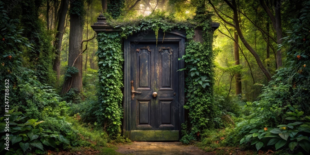 Dark mysterious black door with ornate wooden frame surrounded by overgrown vegetation and vines, forest, wood Dark mysterious black door with ornate wooden frame surrounded by overgrown vegetation and vines, forest, wood