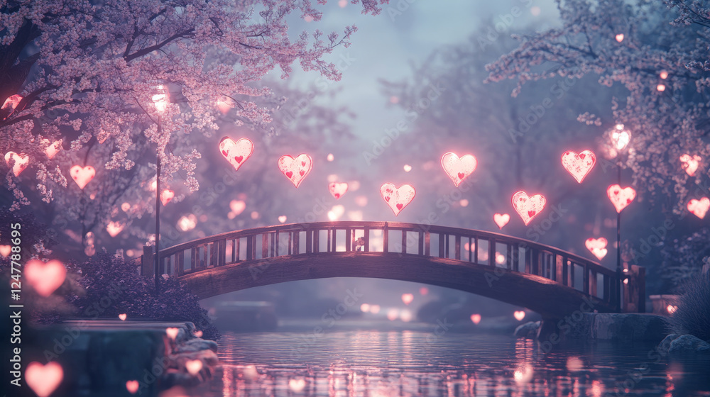 Obraz premium Enchanted bridge under blossoming trees, glowing hearts illuminating a dreamy, romantic scene.