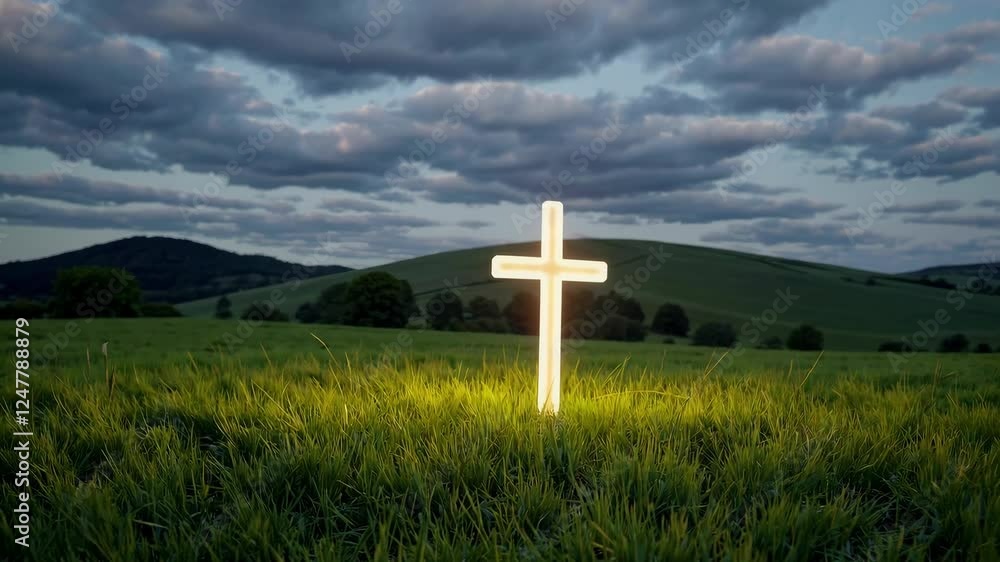A glowing cross stands tall in a lush green field as the day transitions to night. Soft clouds drift above, creating a tranquil atmosphere ideal for reflection and meditation.