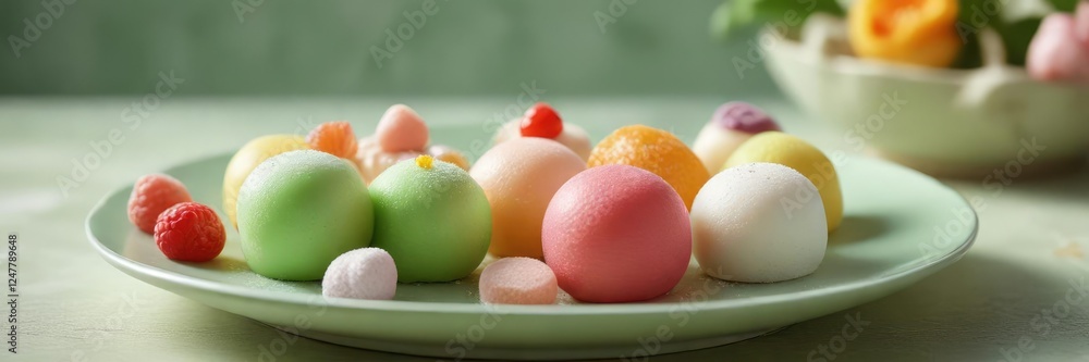 Colorful dessert arrangement featuring mochi and other sweets on a pale green plate, colorful dessert, pastel green plate Colorful dessert arrangement featuring mochi and other sweets on a pale green plate, colorful dessert, pastel green plate