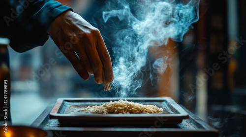 A cinematic close-up of a hand placing an offering of sake and rice at a sacred shrine, delicate smoke from incense curling in the air
