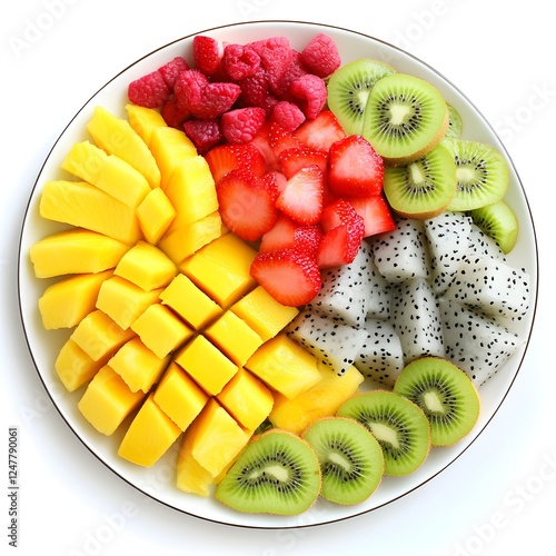 A refreshing tropical fruit platter with sliced mango, pineapple, kiwi, and dragon fruit, isolated on a white background