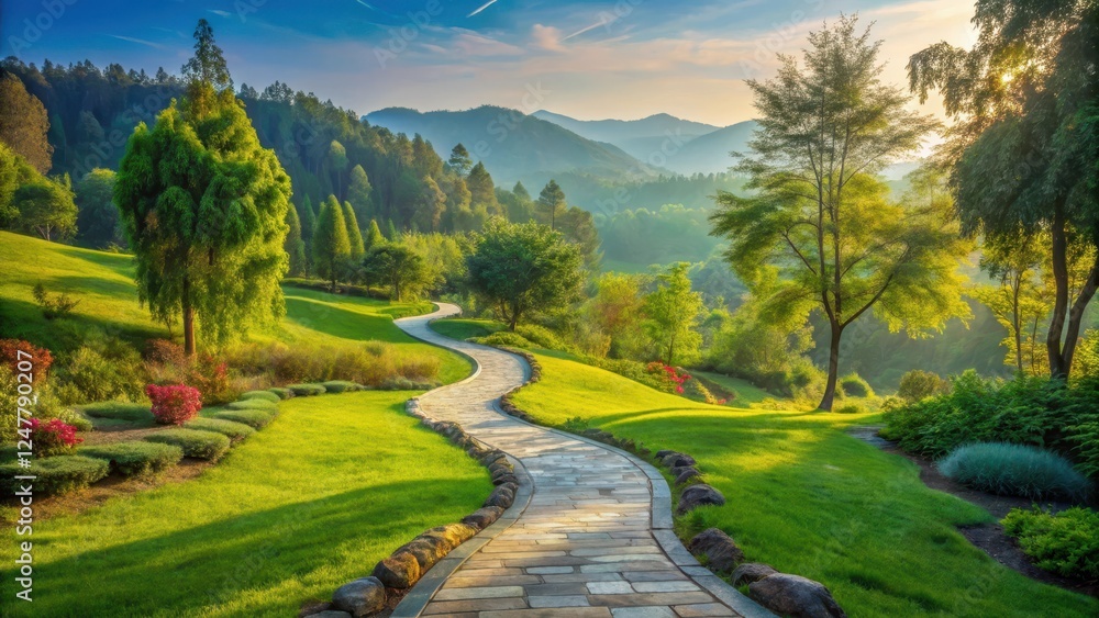 Obraz premium A winding path made of natural stone and surrounded by lush greenery, leading through a serene landscape with rolling hills and towering trees , serene landscape, landscape photography