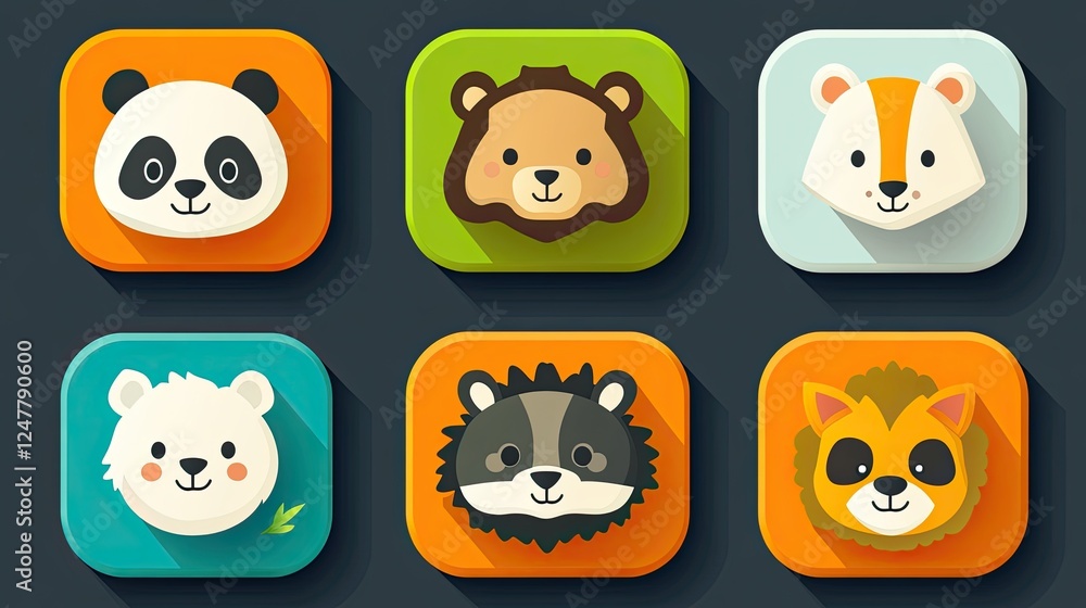 Cute animal faces icons panda, lion, squirrel, polar bear, raccoon, fox, in colorful square buttons. Cute animal faces icons panda, lion, squirrel, polar bear, raccoon, fox, in colorful square buttons.