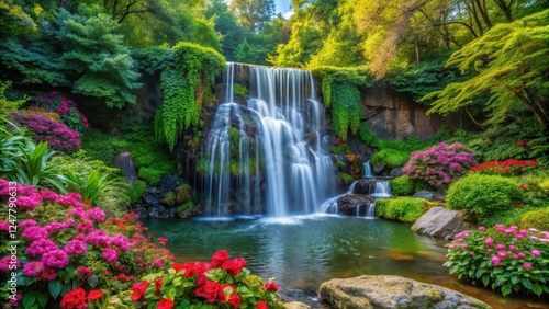 waterfall in forest, surrounded by greenery, colorful flowers, trees, natural wonder,  trees