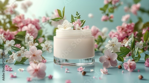 Wallpaper Mural Delicate Jar of Cream Surrounded by Beautiful Blooming Flowers in Soft Focus, Ideal for Skincare, Beauty, and Wellness Products Photography Torontodigital.ca
