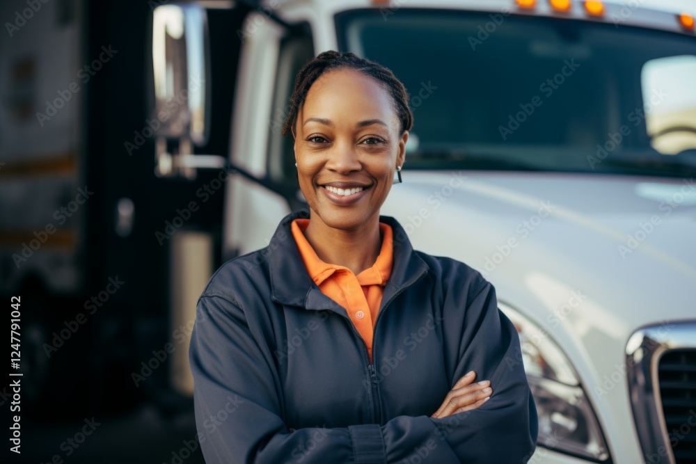 Smiling portrait of a middle aged African American female truck driver Smiling portrait of a middle aged African American female truck driver