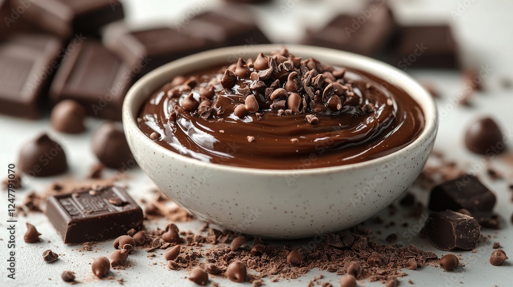 Delicious chocolate cream in bowl on table, closeup. Delicious dessert Delicious chocolate cream in bowl on table, closeup. Delicious dessert