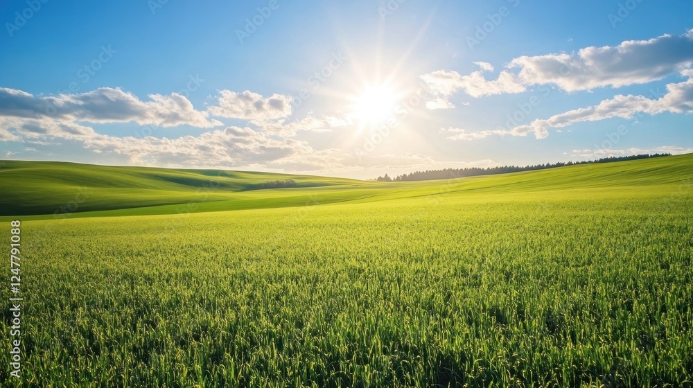 Obraz premium Rolling hills, vibrant green field, bright sunny day. Landscape photo