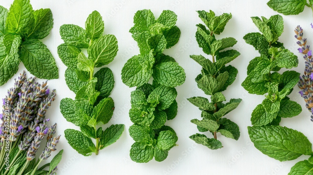 Obraz premium Fresh mint and lavender herbs arrangement, white background, food and drink recipes