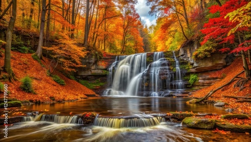 waterfall in forest surrounded by vibrant autumn colors of orange red yellow and brown leaves, serene atmosphere, natural scenery