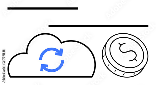 Cloud with synchronization arrows beside a coin with a dollar sign. Ideal for cloud computing, finance technology, digital transactions, online banking, financial apps, data backup, financial