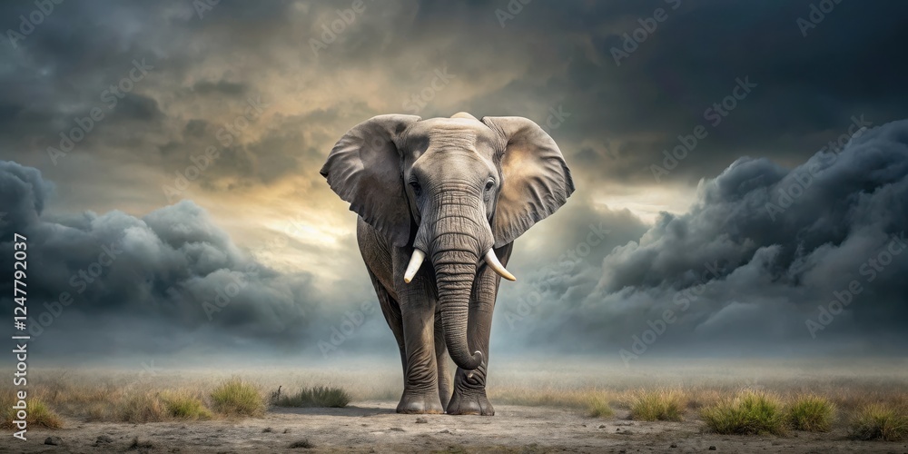 Fototapeta premium Elephant in a gray environment, seen from the front, landscape, wildlife, landscape, wildlife, shading