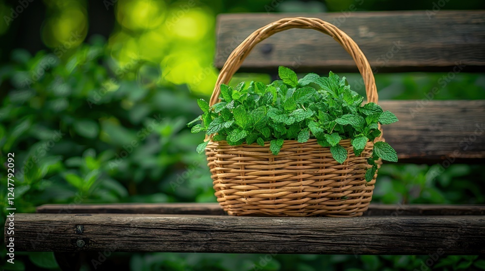 Fresh mint in a basket on a park bench Fresh mint in a basket on a park bench