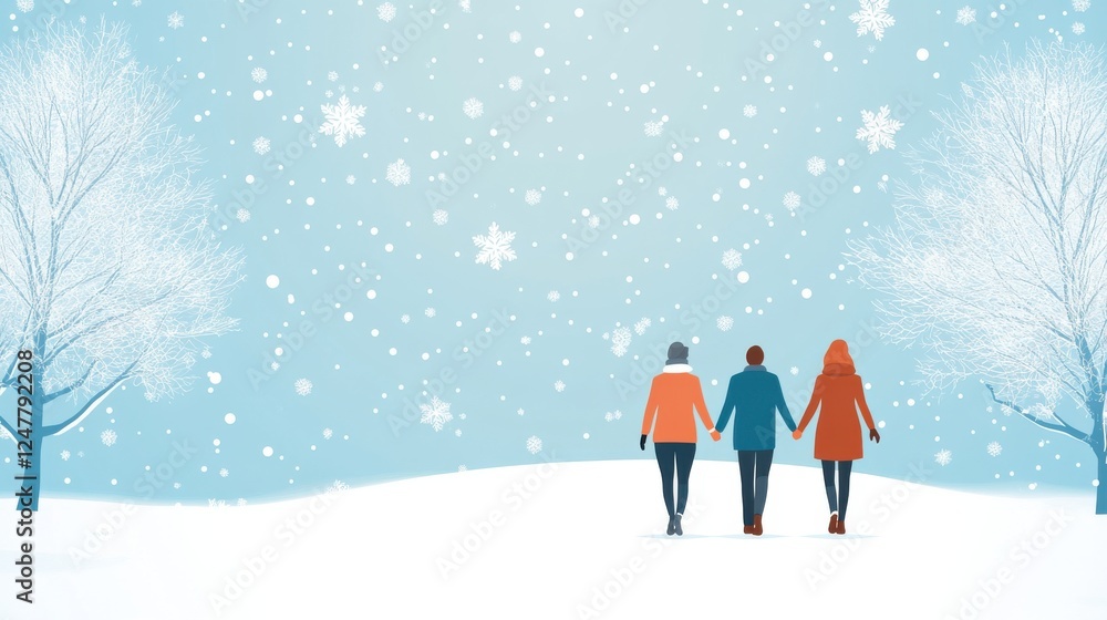 Group of Friends Walking Together in a Winter Wonderland with Falling Snowflakes and Bare Trees Group of Friends Walking Together in a Winter Wonderland with Falling Snowflakes and Bare Trees