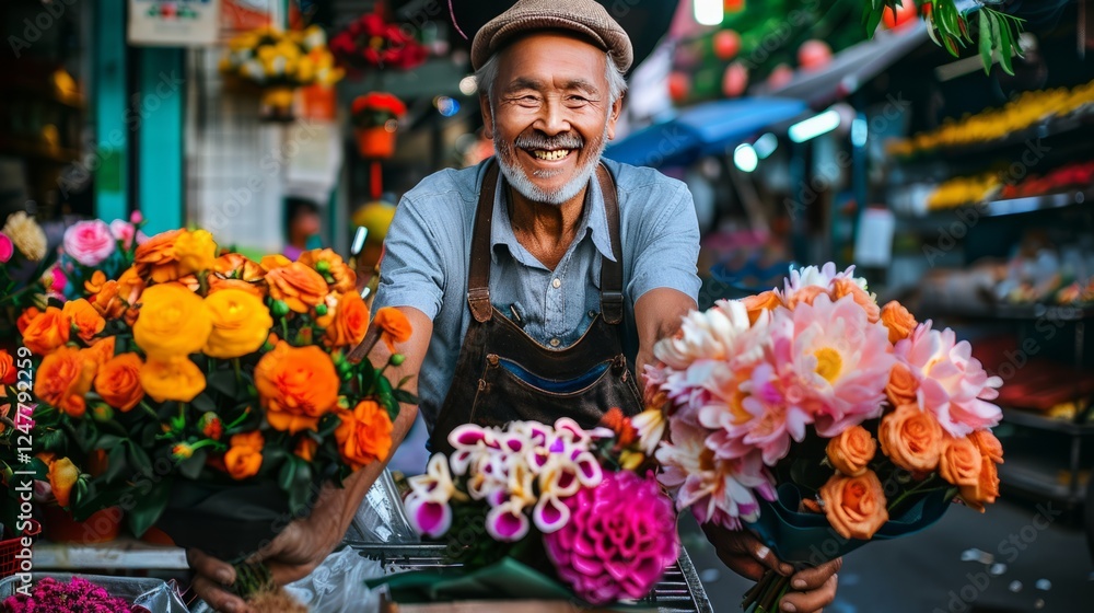 Fototapeta premium Smiling Flower Seller: A cheerful, elderly man with a warm smile and weathered hands displays vibrant bouquets of flowers at his stall. He embodies the joy of simple pleasures, the vibrancy of life.