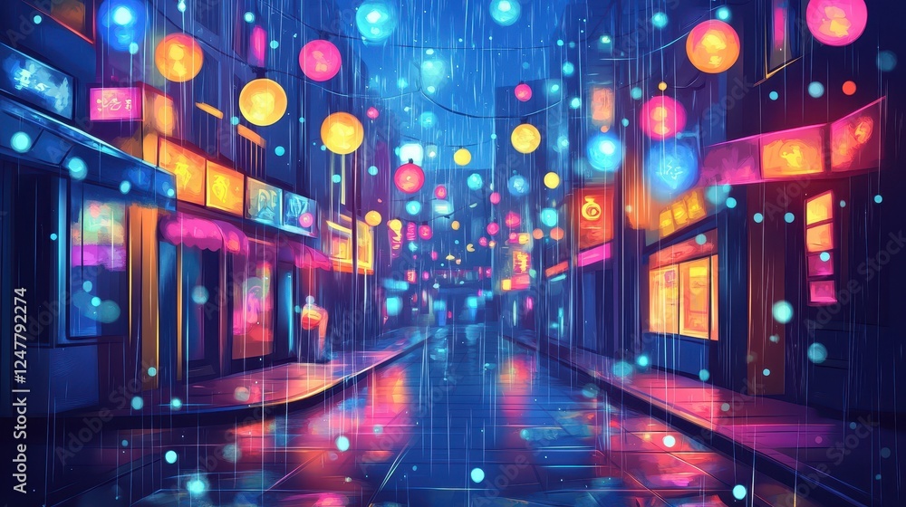 Rainy Night City Street Illuminated by Colorful Lights Rainy Night City Street Illuminated by Colorful Lights