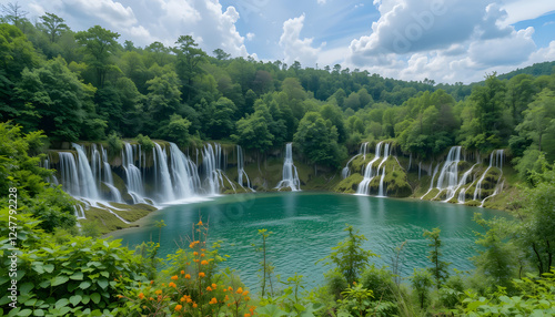 Quadro su tela Waterfall landscape of Plitvice Lakes Croatia.