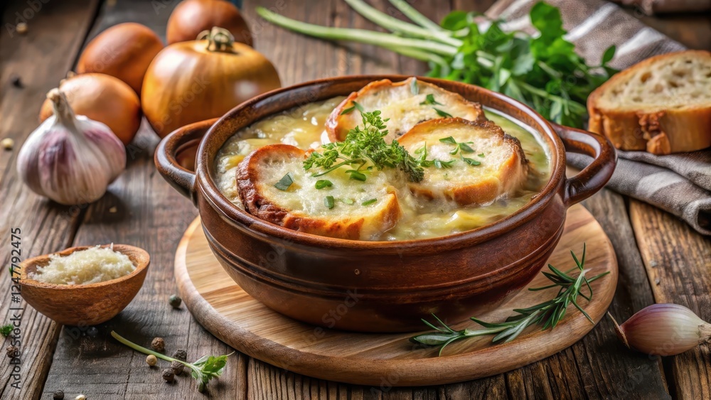 French onion soup in a ceramic bowl topped with melted cheese and fresh herbs , ingredients, soup, ingredients French onion soup in a ceramic bowl topped with melted cheese and fresh herbs , ingredients, soup, ingredients