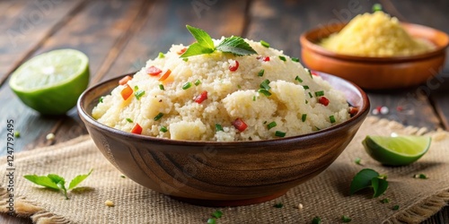 Close-up shot of a fluffy semolina upma with a sprinkle of grated coconut and a squeeze of fresh lime juice, served in a delicate ceramic bowl , breakfast ideas, healthy snacks