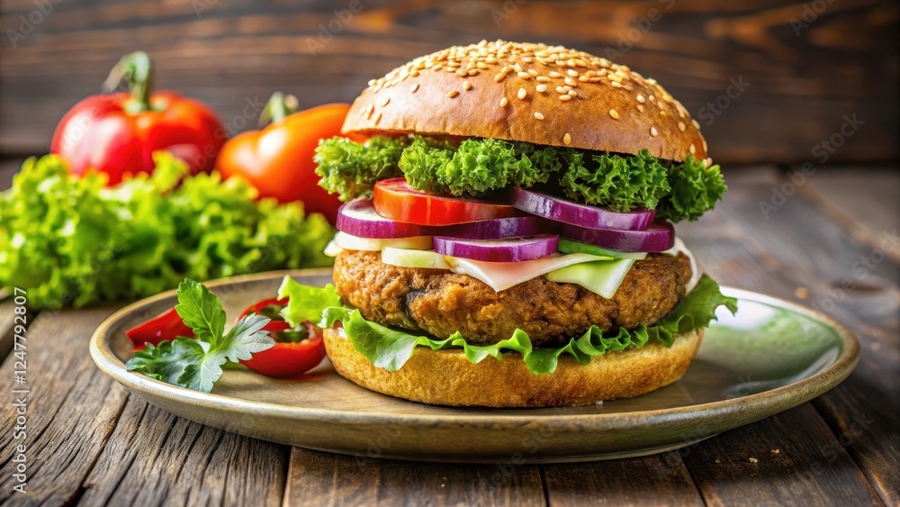 Falafel Burger on a Plate on a Table, crunchy falafel patty, fresh veggies Falafel Burger on a Plate on a Table, crunchy falafel patty, fresh veggies