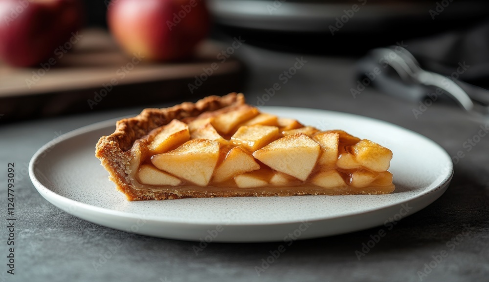 Freshly Baked Apple Pie Slice on a White Plate with Juicy Apples in the Background and a Dark Rustic Kitchen Atmosphere Freshly Baked Apple Pie Slice on a White Plate with Juicy Apples in the Background and a Dark Rustic Kitchen Atmosphere