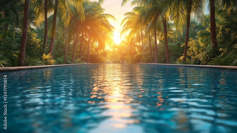 Orange lifebuoy floating in swimming pool with palm leaves on background Orange lifebuoy floating in swimming pool with palm leaves on background
