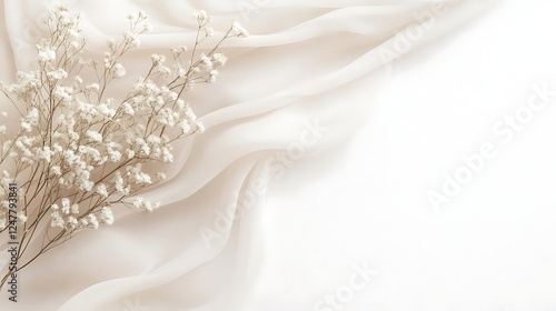 Delicate white flowers on beige fabric background